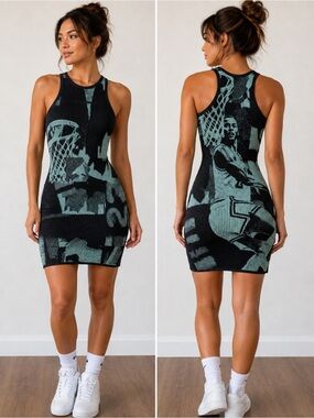 Air Jordan Women’s Graphic Knit Bodycon Dress Black Mint Blue Size M NWT